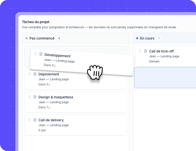 Tableau Kanban des tâches du projet avec assignation Jean et échéances par colonne